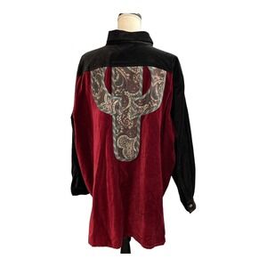Koos Of Course Top 3X Black Burgundy Velvet Button Down Tunic Cactus Print Artsy